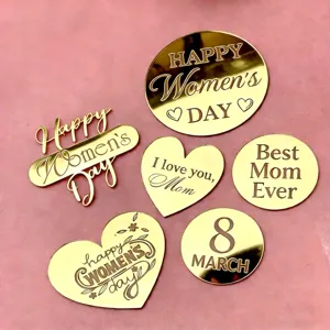 Gold acrylic Women's Day cake toppers set, happy Mother's day cupcake decorations.
