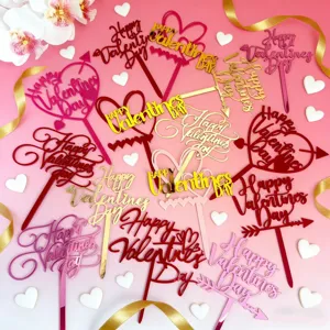 Ensemble de toppers de gâteau en acrylique Happy Valentine's Day, design cœur romantique.