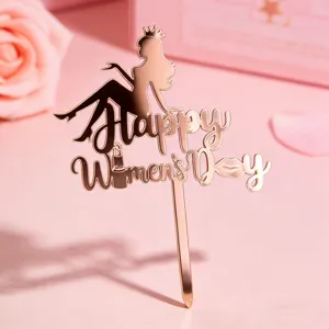 Ροζ χρυσό ακρυλικό Happy Women's Day topper τούρτας λεπτομέρεια για γιορτινό γλυκό.