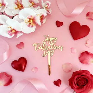 Cake topper Happy Valentines Day en acrylique doré, décoration de fête romantique.