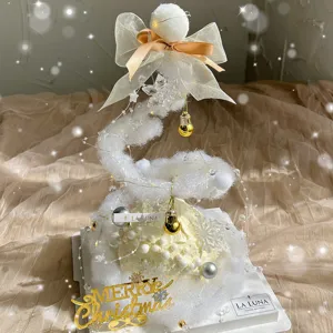 Fluffy Christmas tree cake topper with bow bells pearls DIY holiday party dessert decoration