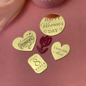 Acrylic Women's Day cake toppers set, gold mirror finish cupcake decorations for party.