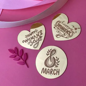Acrylic March 8 Women's Day cake toppers set, golden mirror finish cupcake decorations.