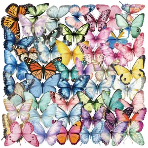 Detail view of colorful watercolor butterfly transparent PET stickers for DIY journal decor.
