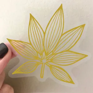 Gold foil transparent botanical leaf sticker, waterproof PET journal and laptop decor.