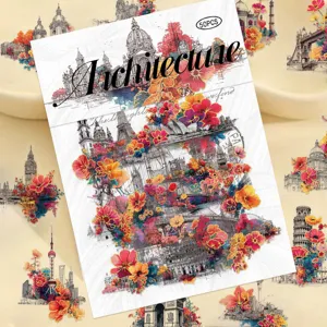 50pcs architecture and floral theme PET transparent waterproof decorative stickers for DIY crafts.