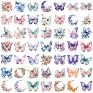 Lot d'autocollants papillon et fleurs aquarelle, autocollants de journal décoratifs.