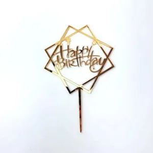Χρυσό καθρέφτης ακρυλικό Happy Birthday τοππερ κέικ με γεωμετρικό πλαίσιο πάρτι
