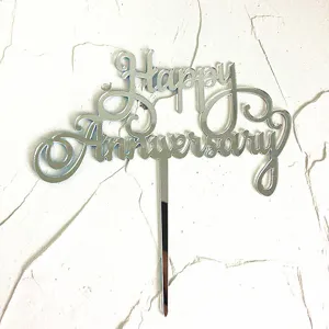 Silver acrylic Happy Anniversary cake topper for wedding party and romantic celebration