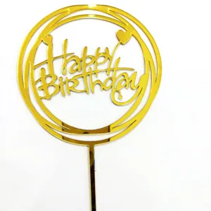 Bonito adorno de pastel Happy Birthday de acrilico dorado con corazon y circulos fiesta.