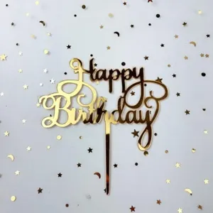 Χρυσό ακρυλικό topper τούρτας Happy Birthday με ξυλάκι για πάρτι γενεθλίων.