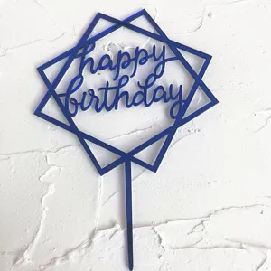 Topper de tarta de feliz cumpleaños de acrílico azul con doble cuadrado geométrico para fiesta.