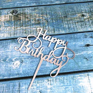 Rose gold acrylic Happy Birthday cake topper, creative cursive font party decoration insert.