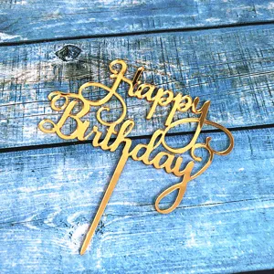 Gold acrylic Happy Birthday cake topper, elegant cursive font party decoration insert.