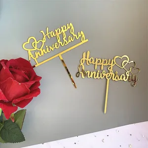 Gold acrylic Happy Anniversary cake topper for wedding anniversary and romantic party decor main