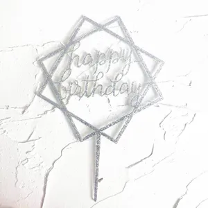 Topper de pastel de cumpleanos cuadrado con brillo plateado para decoracion de fiesta.