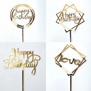 Pic à Gâteau Happy Birthday en Acrylique Or Miroir Design Géométrique Lettres Évidées Insert Décoratif pour Décoration de Fête