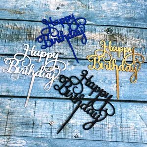 Acrylic Happy Birthday Cake Topper Artistic Font Mirror Finish Party Cake Decoration Supplies Insert Stake Pack
