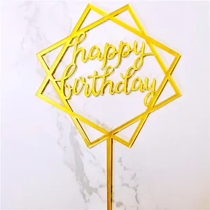 Topper de Tarta de Cumpleanos Acrilico Dorado Cuadrado Geometrico Decoracion Fiestas