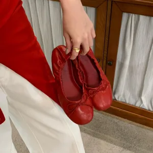 Rode lederen ballerina platte schoenen met schattige strik comfortabele damesschoenen