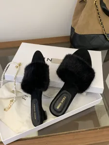 Mules peludas negras para mujer punta abierta zapatillas de pelo estilo francés elegante