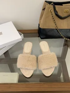 Zapatillas peludas francesas elegantes de punta abierta con tacón de cuña mujer