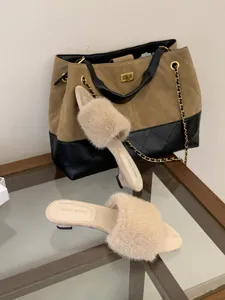 Mules de cuña esponjosas de estilo francés para mujer zapatillas de piel cómodas