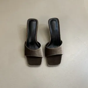 Velvet square toe high heel mule sandals for women, elegant summer slip-on shoes.