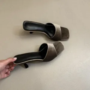 Detailed view of brown velvet square toe kitten heel mules, elegant slip-on footwear design.