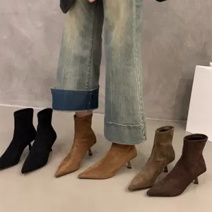 Women's Fashion Short Boots Pointed Toe High Heel Suede Ankle Boots Winter Warm Slim Boots Female Footwear