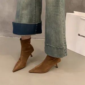 Brown suede pointed toe kitten heel boots women short boots autumn winter footwear stylish