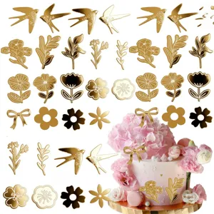 Decorazioni Torta Acrilico Specchio Oro Fiore Rondine Foglia Fiocco Per Compleanno Matrimonio Festa Tavolo Dolci