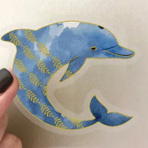 PET transparent waterproof gold foil dolphin sticker, marine life journal DIY decor detail.