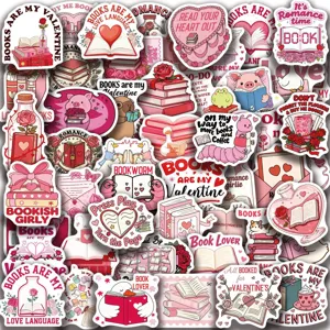 Close-up detail of cute pink bookish stickers with romance and reading themes for DIY crafts.