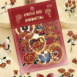 50pcs Vintage Rose Handwriting PET Stickers Gold Stamping Transparent Journal Decor