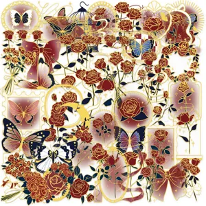 Close-up details of vintage rose and butterfly gold foil PET planner decorative stickers.
