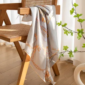 Luxury silk scarf with elegant chain print, soft mulberry silk square shawl for women.