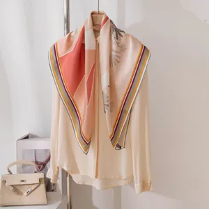 Exquisite mulberry silk square scarf featuring elegant pink floral patterns with chic striped borders.