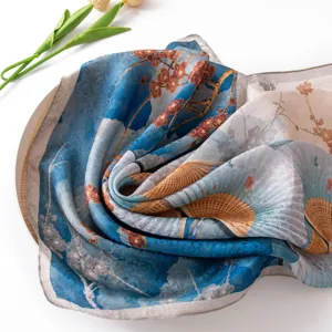 Elegant blue silk scarf with traditional Chinese plum blossom and fan print for women fashion.