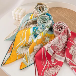 Luxury silk scarf for women, elegant floral print square scarf, soft neck wrap shawls.