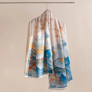 Elegant blue fan print silk scarf luxury stylish shawl for women daily wear accessory