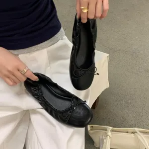 Dames zwarte platte ballerina schoenen retro ronde neus zacht leer casual dagelijks