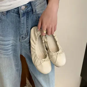 Retro platte ballerina schoenen voor dames, zachte instappers met ronde neus en leuke strik.