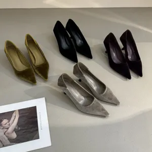 French velvet pointed toe stiletto heels, elegant solid color shallow pump shoes for autumn.
