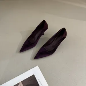 Purple velvet pointed toe kitten heels elegant French style minimalist fashion women shoes