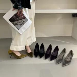 French Velvet Pointy Toe Thin High Heel Pumps Women Elegant Solid Color Shallow Cut Slip On Dress Shoes