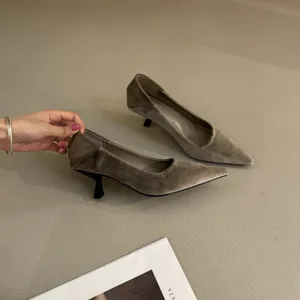 French velvet pointed toe thin high heel shoes for women, elegant solid color dress pumps.