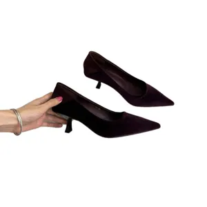 French velvet pointed-toe kitten heel pumps for women, elegant solid color slip-on shoes.