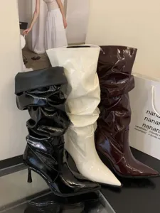 Botas altas slouchy de charol para mujer tacón alto punta fina zapatos de moda invierno