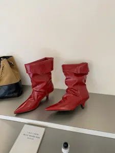 Botines mujer tacón alto punta puntiaguda rojos, elegante estilo francés botas arrugadas